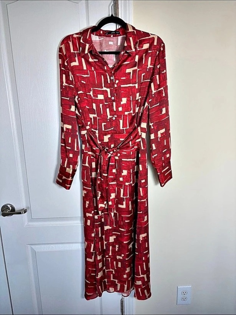 Mango Abstract Midi Shirt Dress Red & White Size Medium Like New
